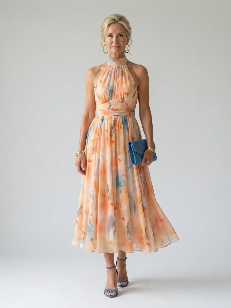 Elin - Gathered Bodice Halter Neck Midi Dress