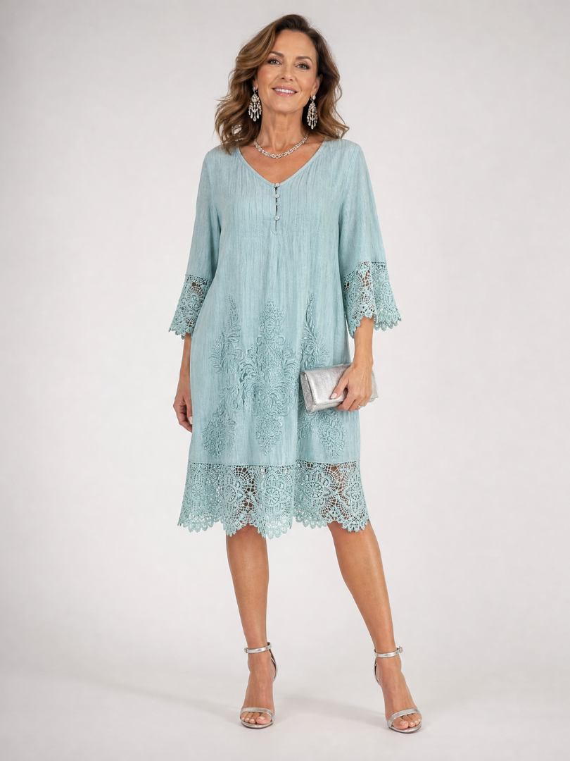 Rosalind - Embroidered Lace Trim Shift Midi Dress