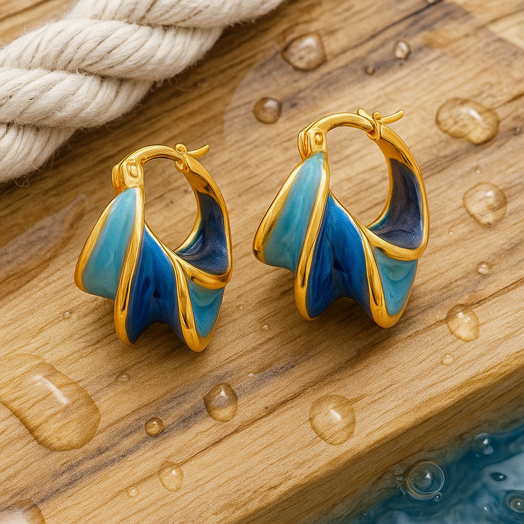 Luxe Gold Blue Wave Hoop Earrings