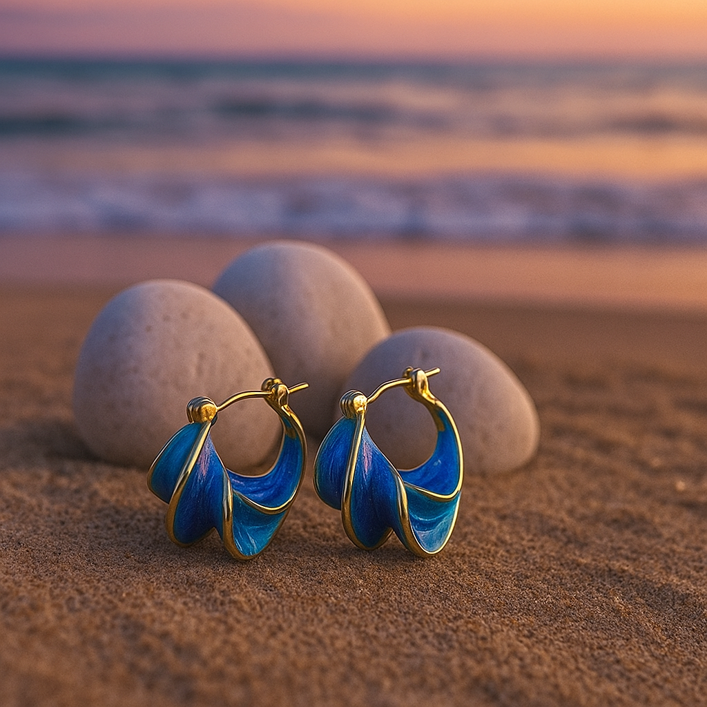 Luxe Gold Blue Wave Hoop Earrings