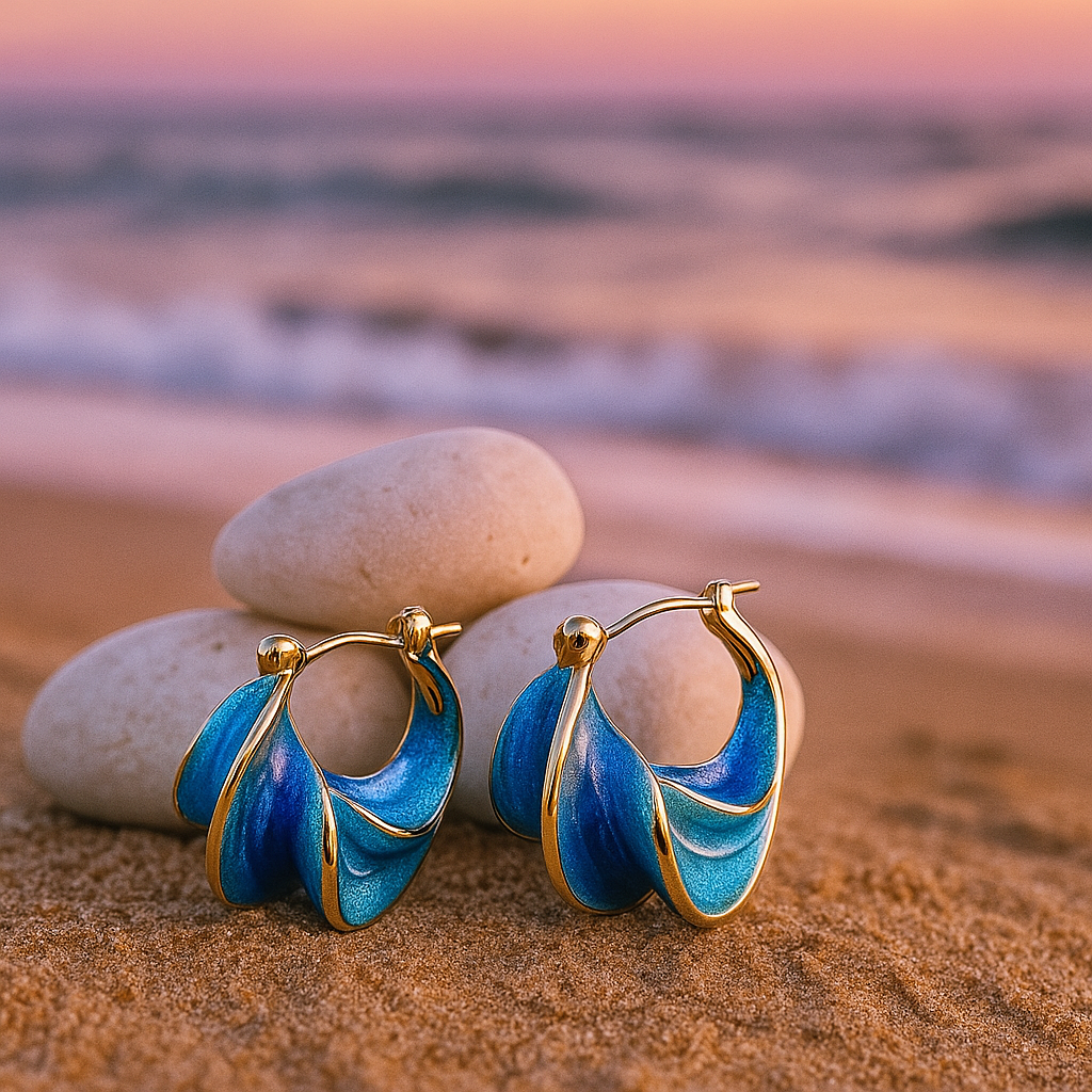 Luxe Gold Blue Wave Hoop Earrings