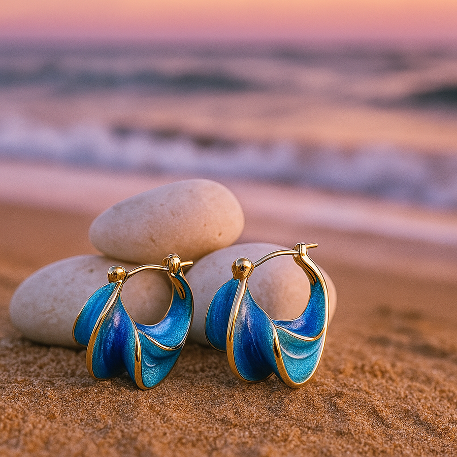 Luxe Gold Blue Wave Hoop Earrings