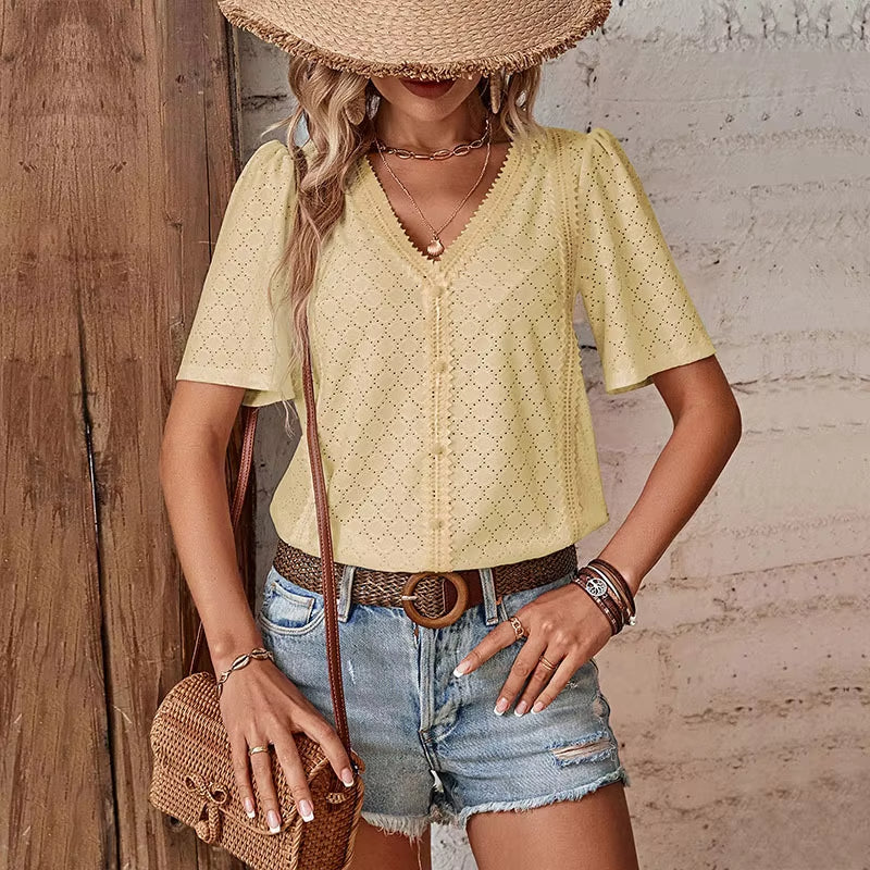 Van Meren Mode | KORTE MOUW BLOUSE MET V-HALS