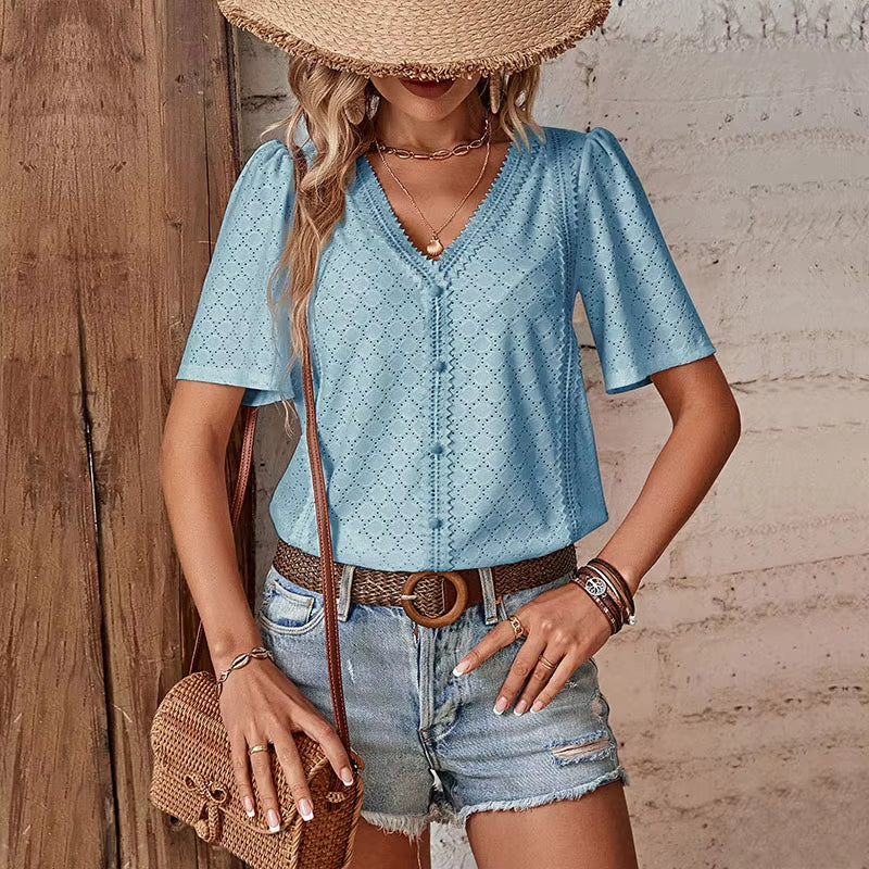 Van Meren Mode | KORTE MOUW BLOUSE MET V-HALS