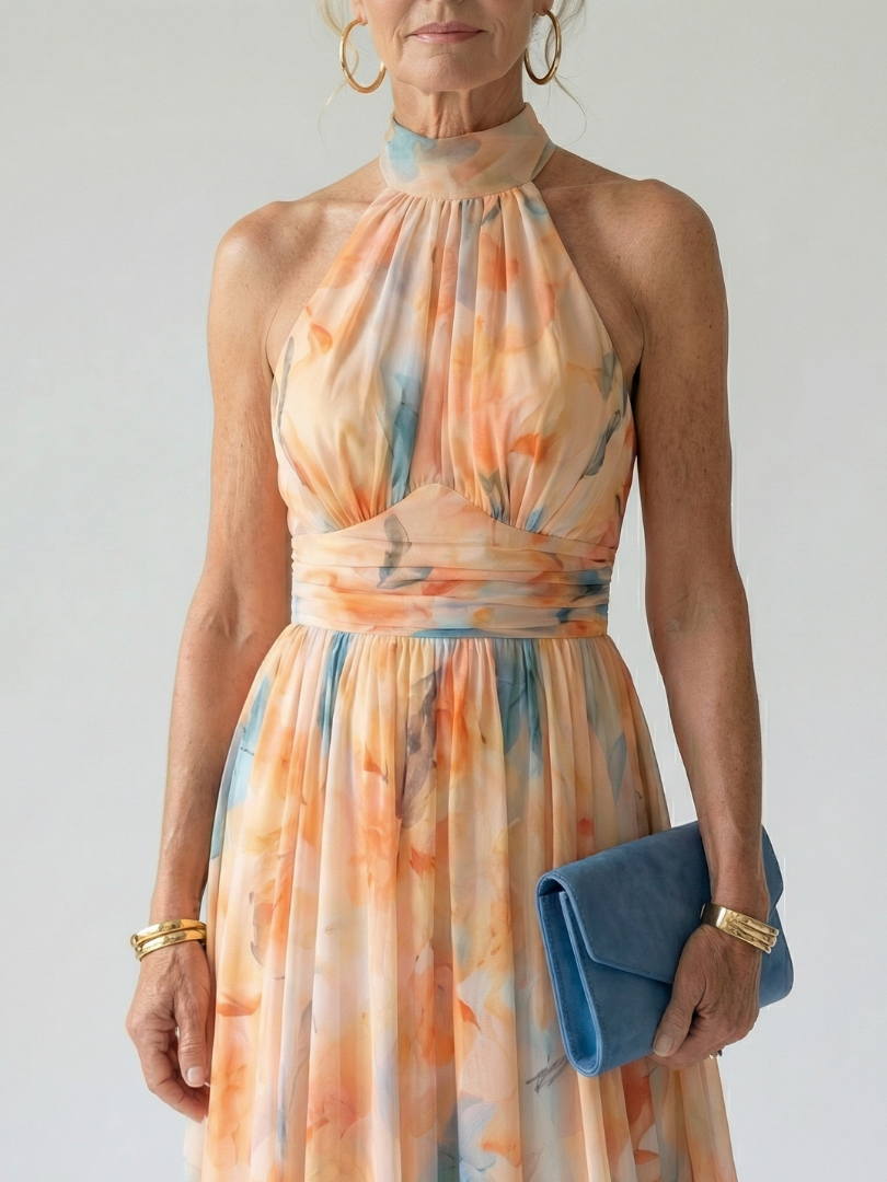 Elin - Gathered Bodice Halter Neck Midi Dress