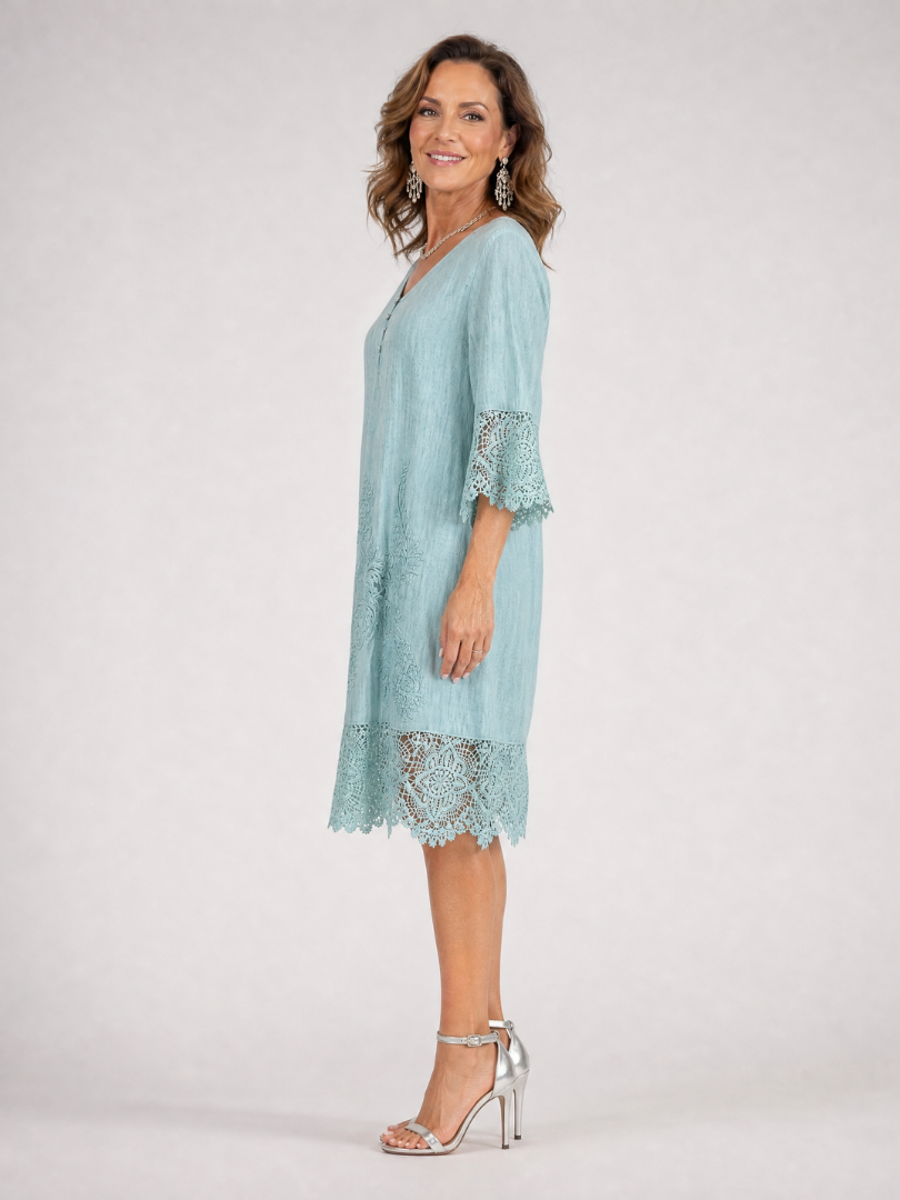 Rosalind - Embroidered Lace Trim Shift Midi Dress