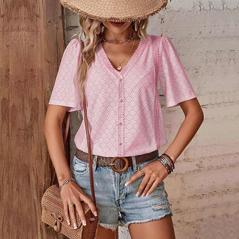 Van Meren Mode | KORTE MOUW BLOUSE MET V-HALS