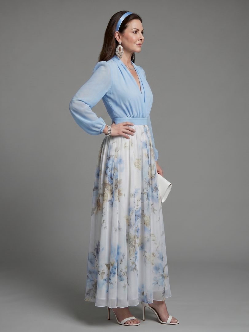 Augusta - V-Neck Sheer Bodice Floral Maxi Dress