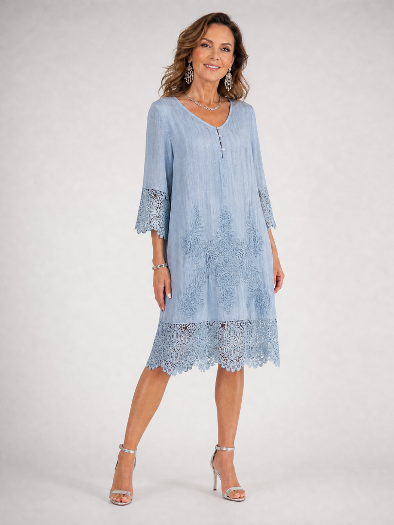Rosalind - Embroidered Lace Trim Shift Midi Dress