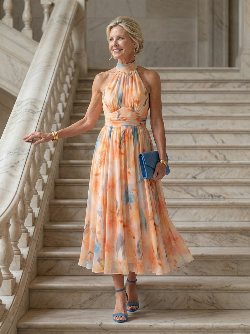 Elin - Gathered Bodice Halter Neck Midi Dress