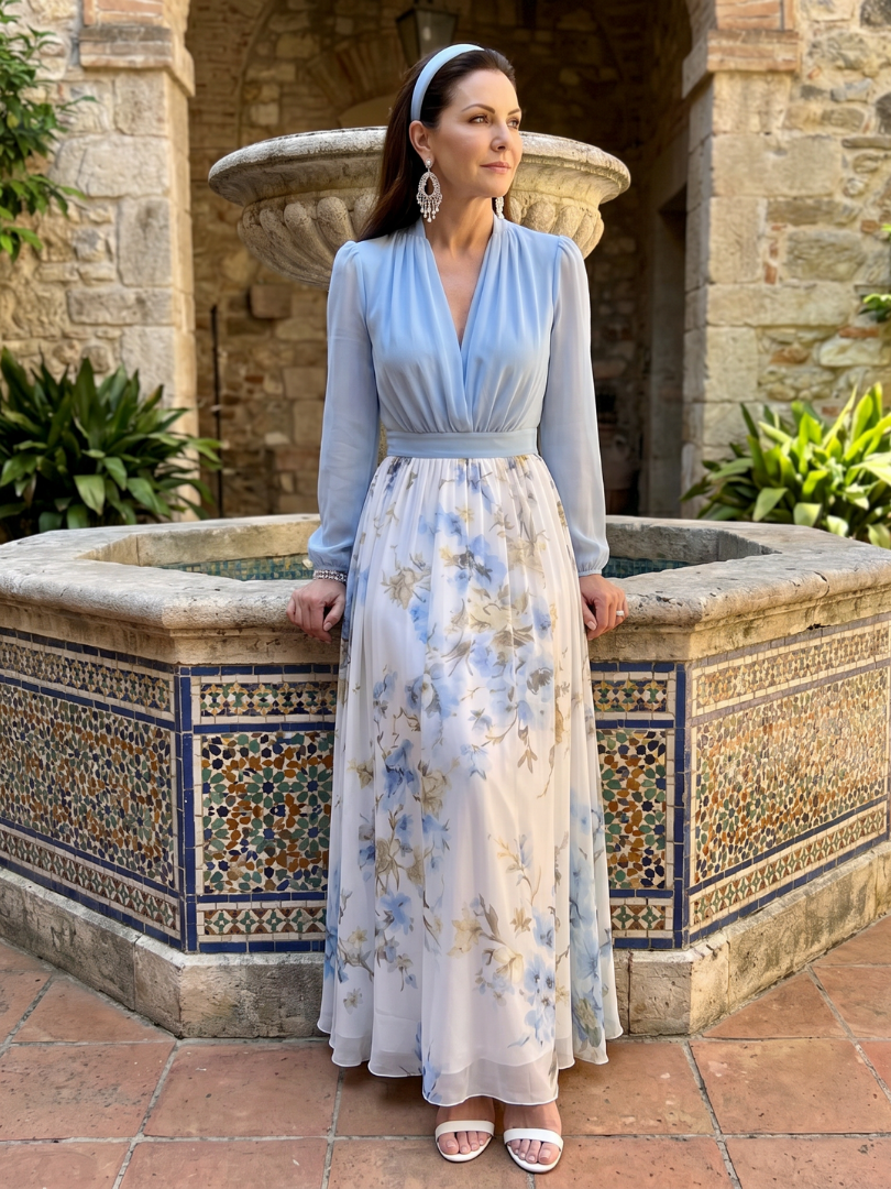 Augusta - V-Neck Sheer Bodice Floral Maxi Dress