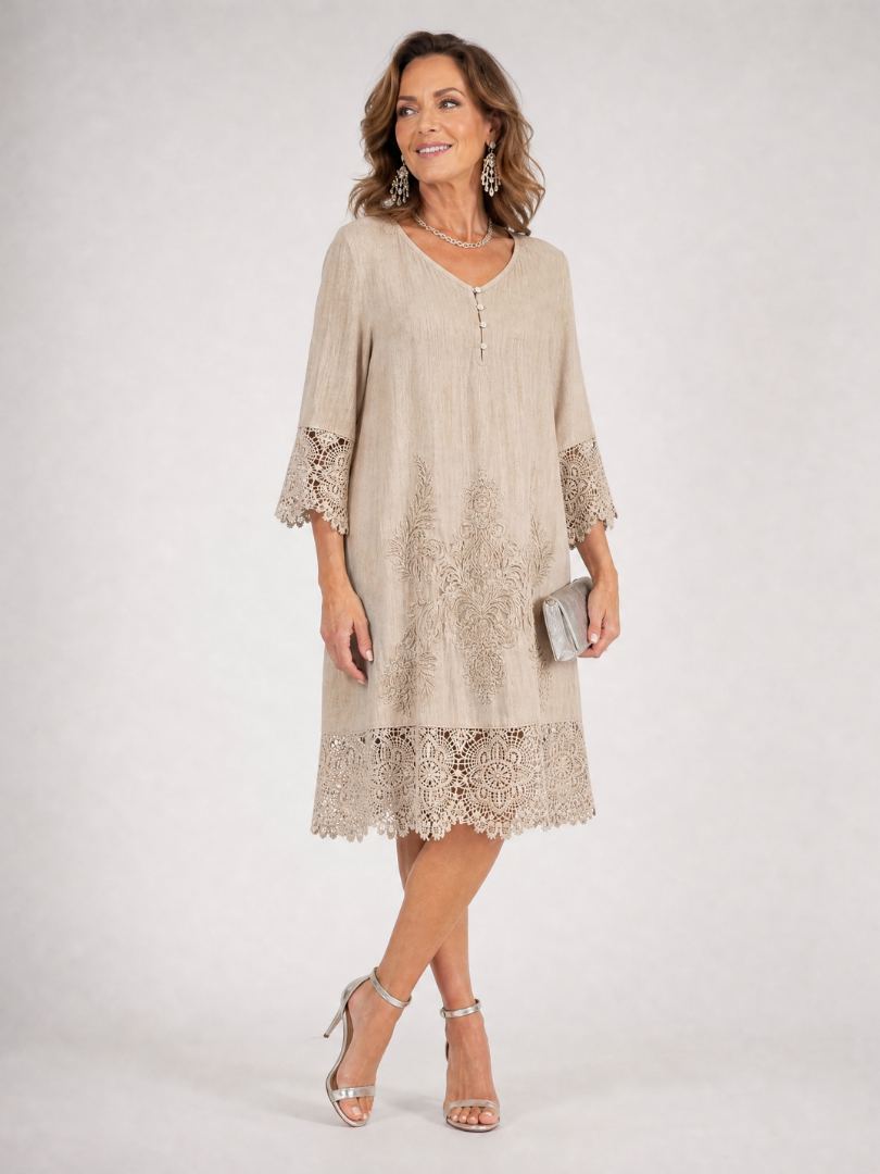 Rosalind - Embroidered Lace Trim Shift Midi Dress