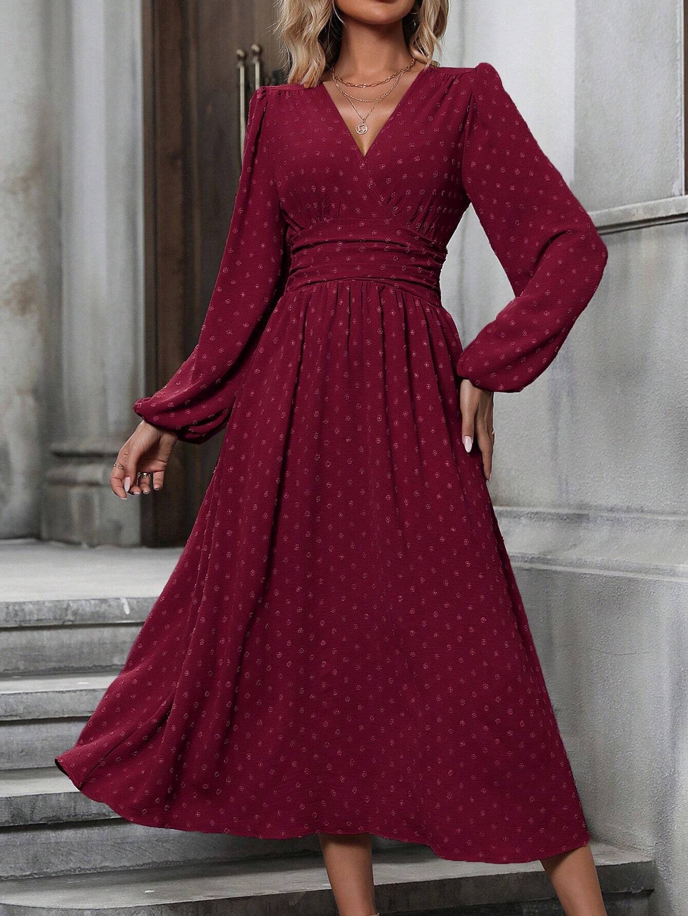Vera - Diagonal Collar Lantern Sleeve Pleated Dress