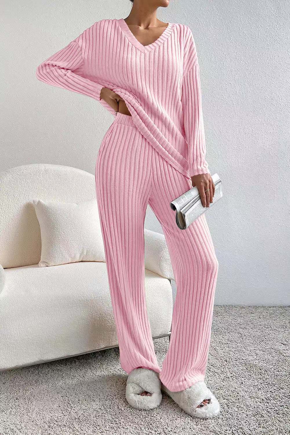 Elise - V-Neck Knit Top & Straight Leg Pants Set