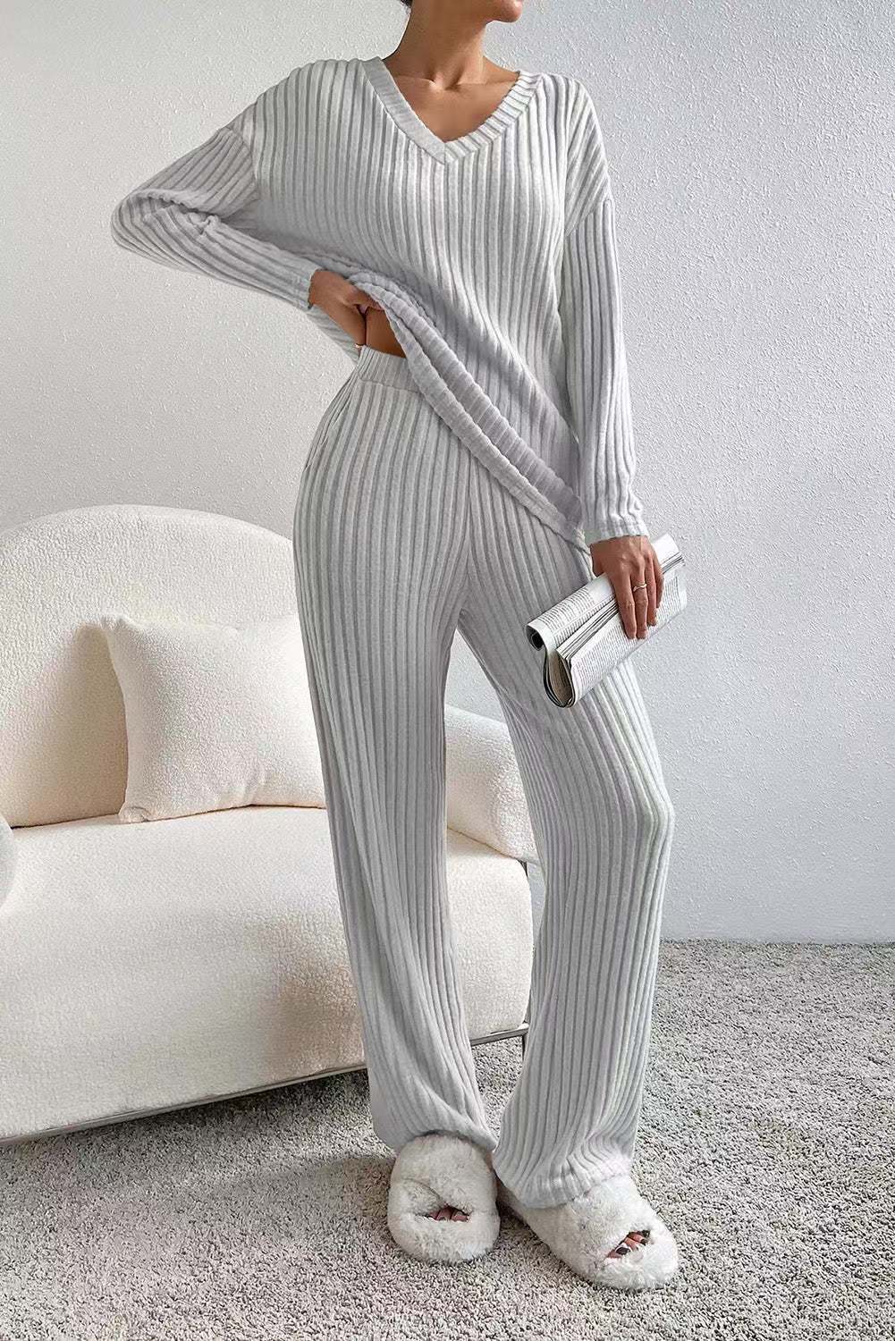Elise - V-Neck Knit Top & Straight Leg Pants Set