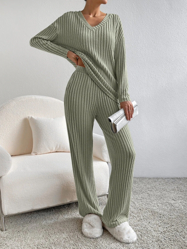 Elise - V-Neck Knit Top & Straight Leg Pants Set