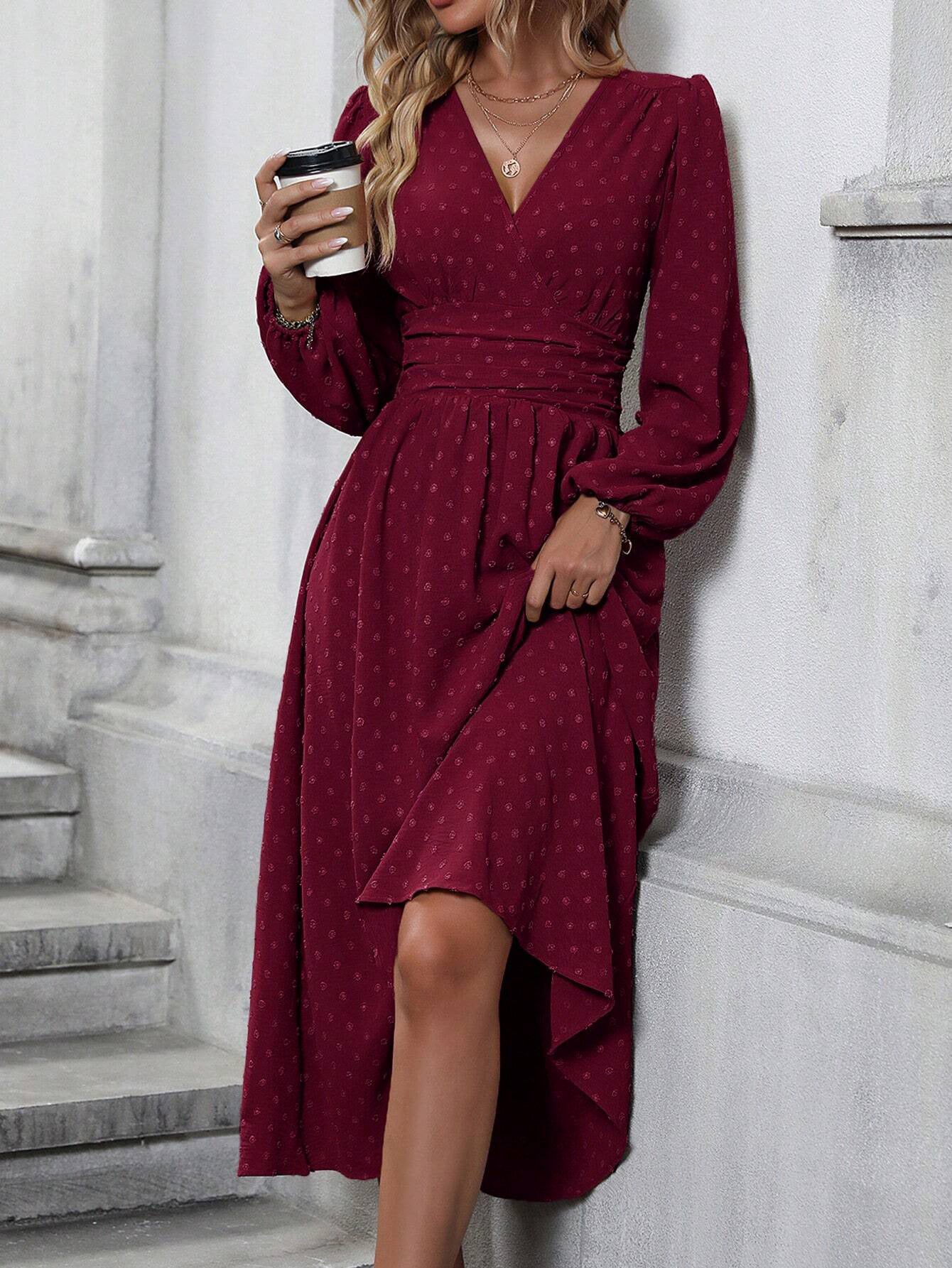 Vera - Diagonal Collar Lantern Sleeve Pleated Dress