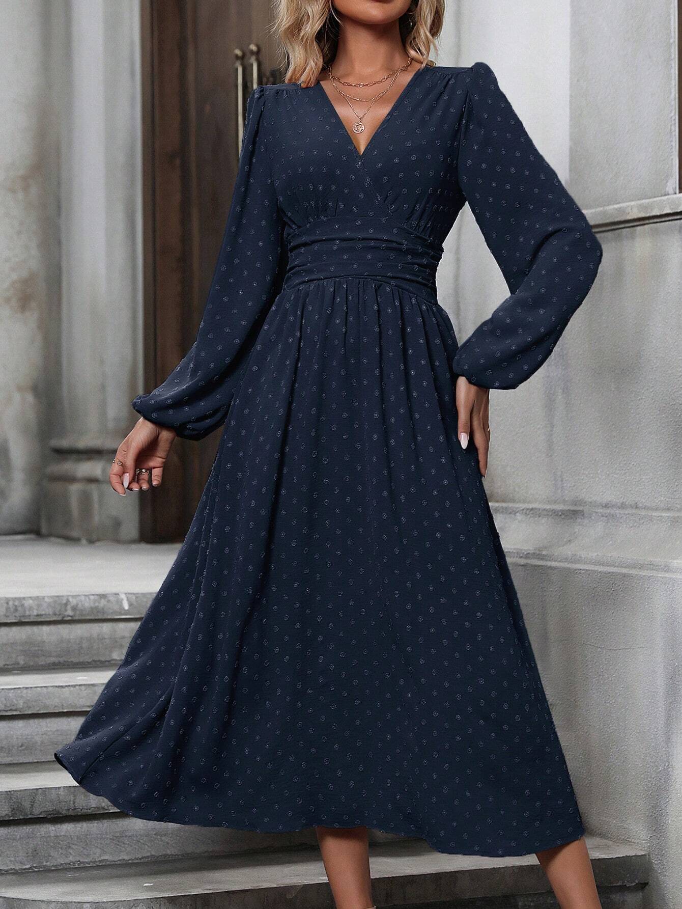 Vera - Diagonal Collar Lantern Sleeve Pleated Dress