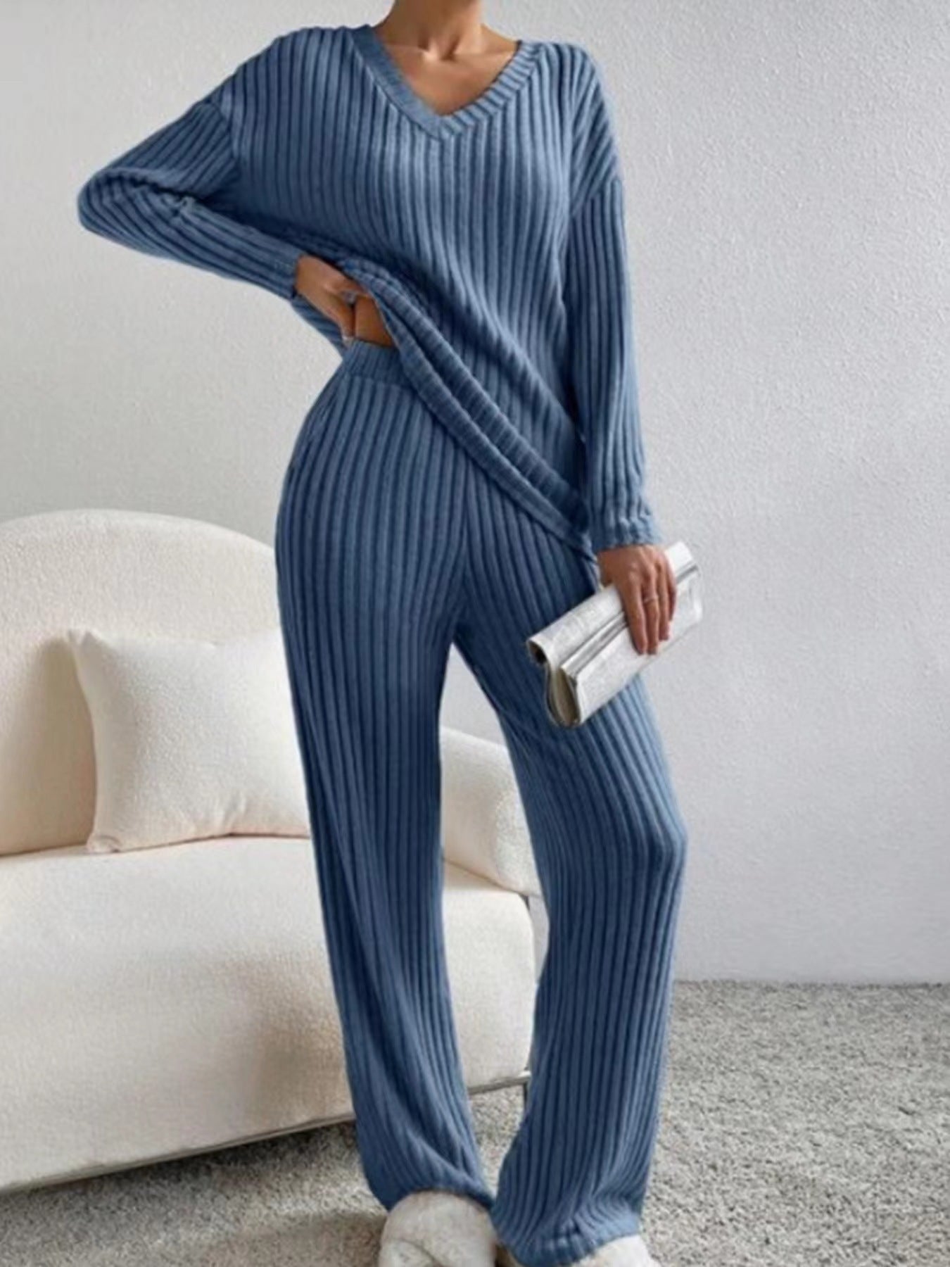 Elise - V-Neck Knit Top & Straight Leg Pants Set