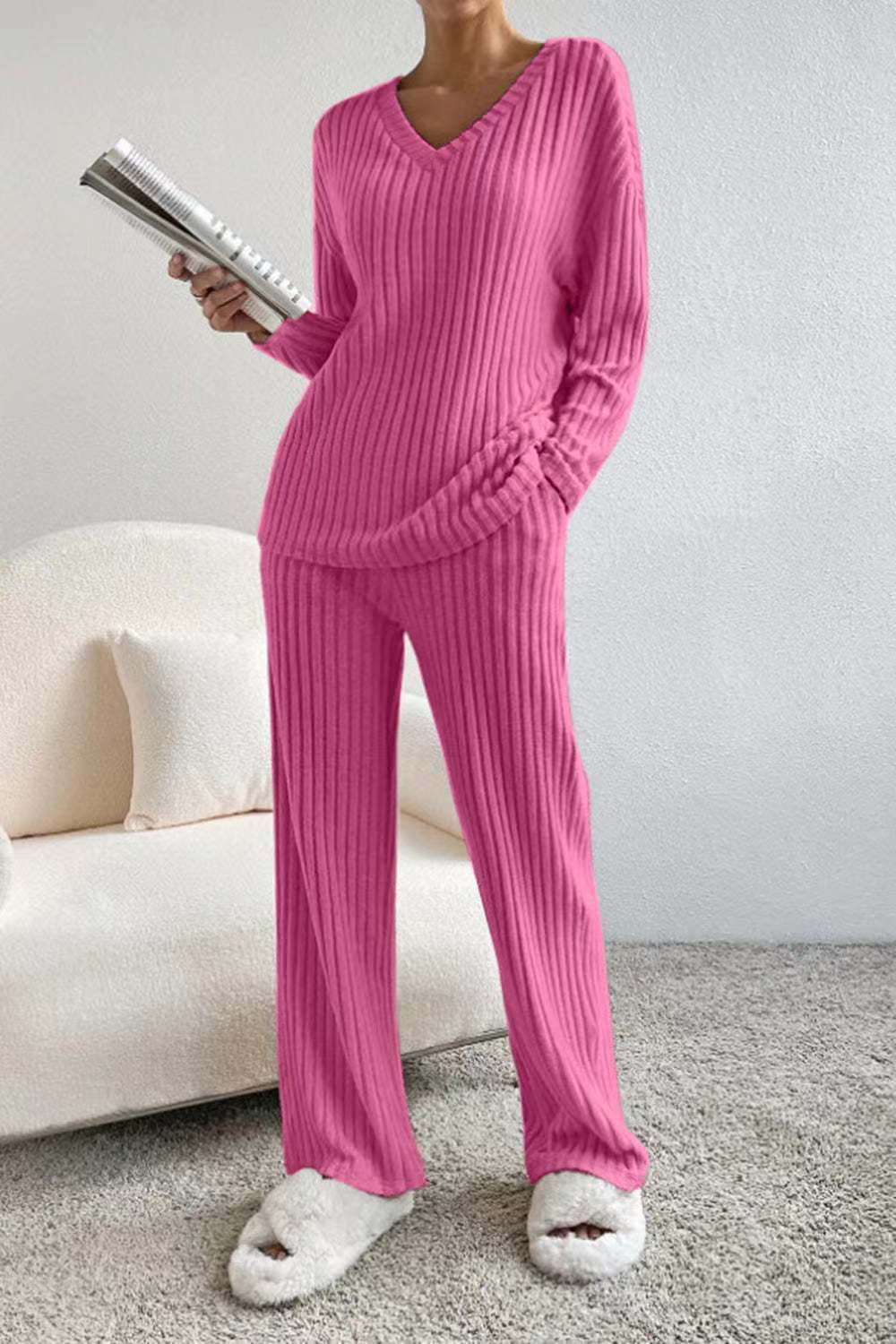 Elise - V-Neck Knit Top & Straight Leg Pants Set