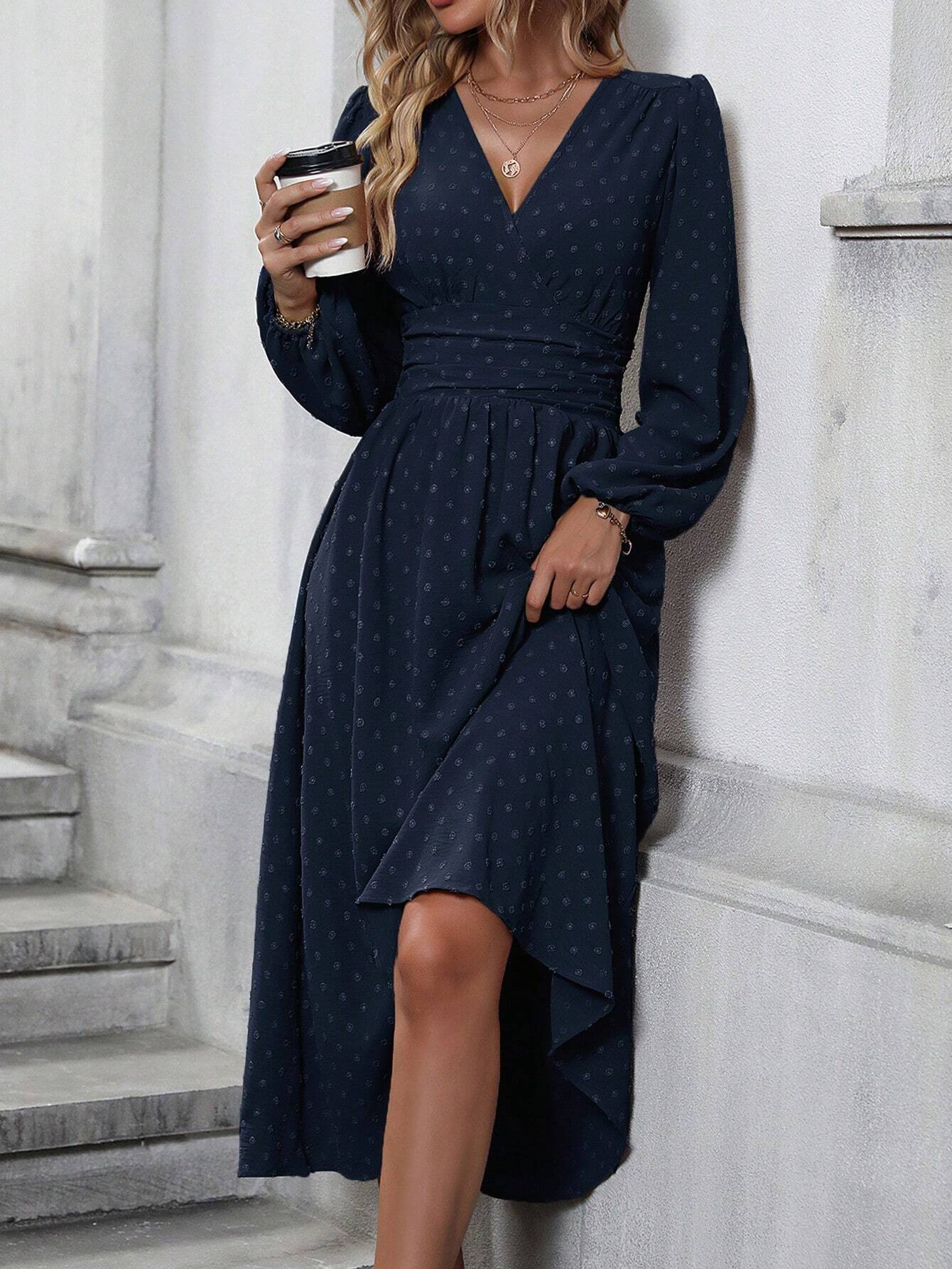 Vera - Diagonal Collar Lantern Sleeve Pleated Dress