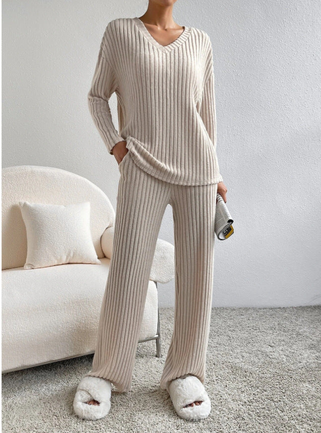Elise - V-Neck Knit Top & Straight Leg Pants Set