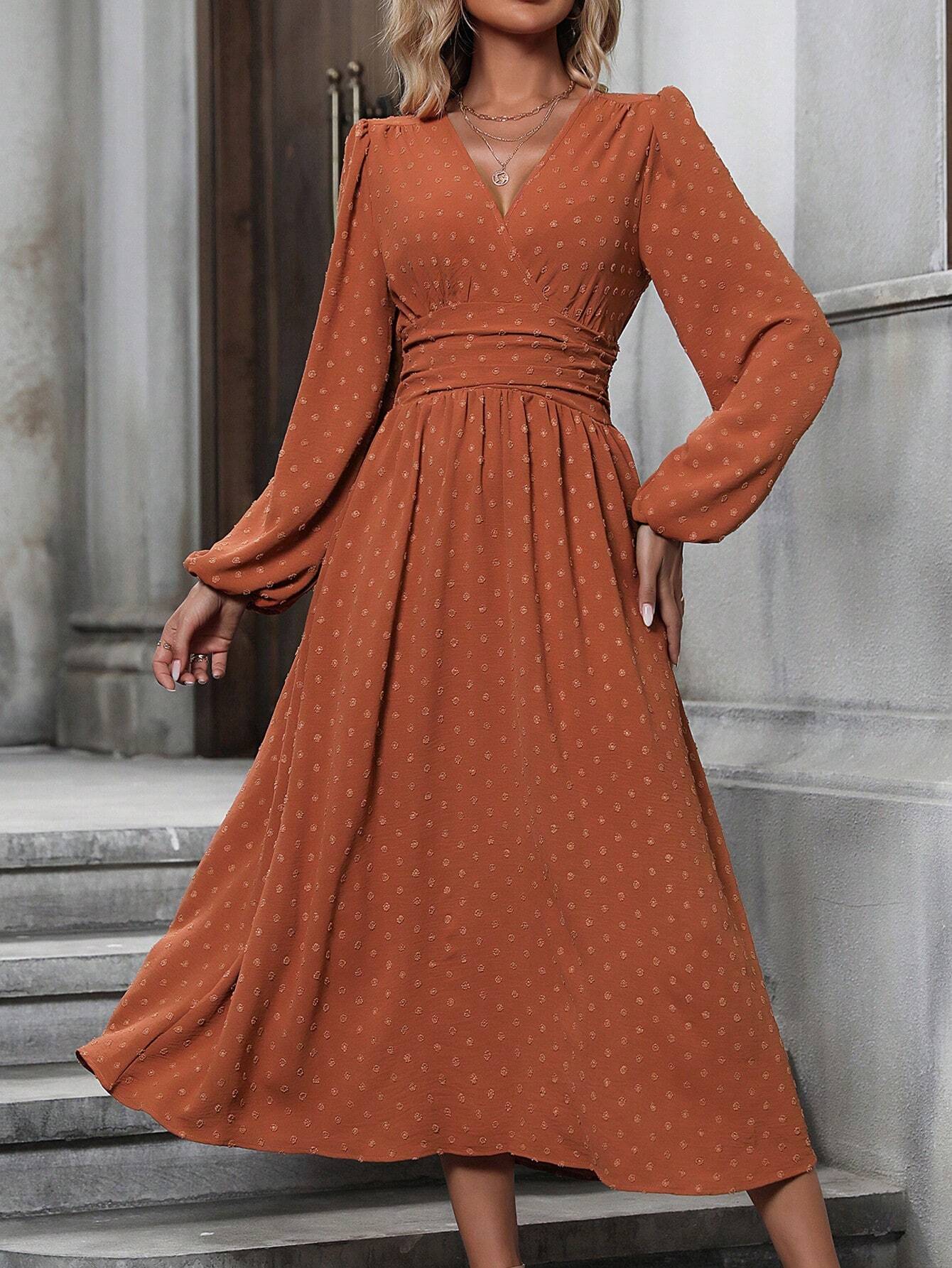 Vera - Diagonal Collar Lantern Sleeve Pleated Dress