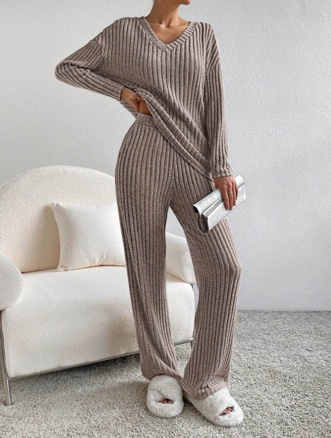 Elise - V-Neck Knit Top & Straight Leg Pants Set