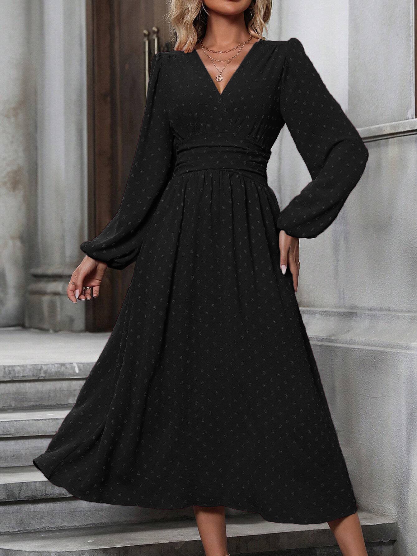 Vera - Diagonal Collar Lantern Sleeve Pleated Dress