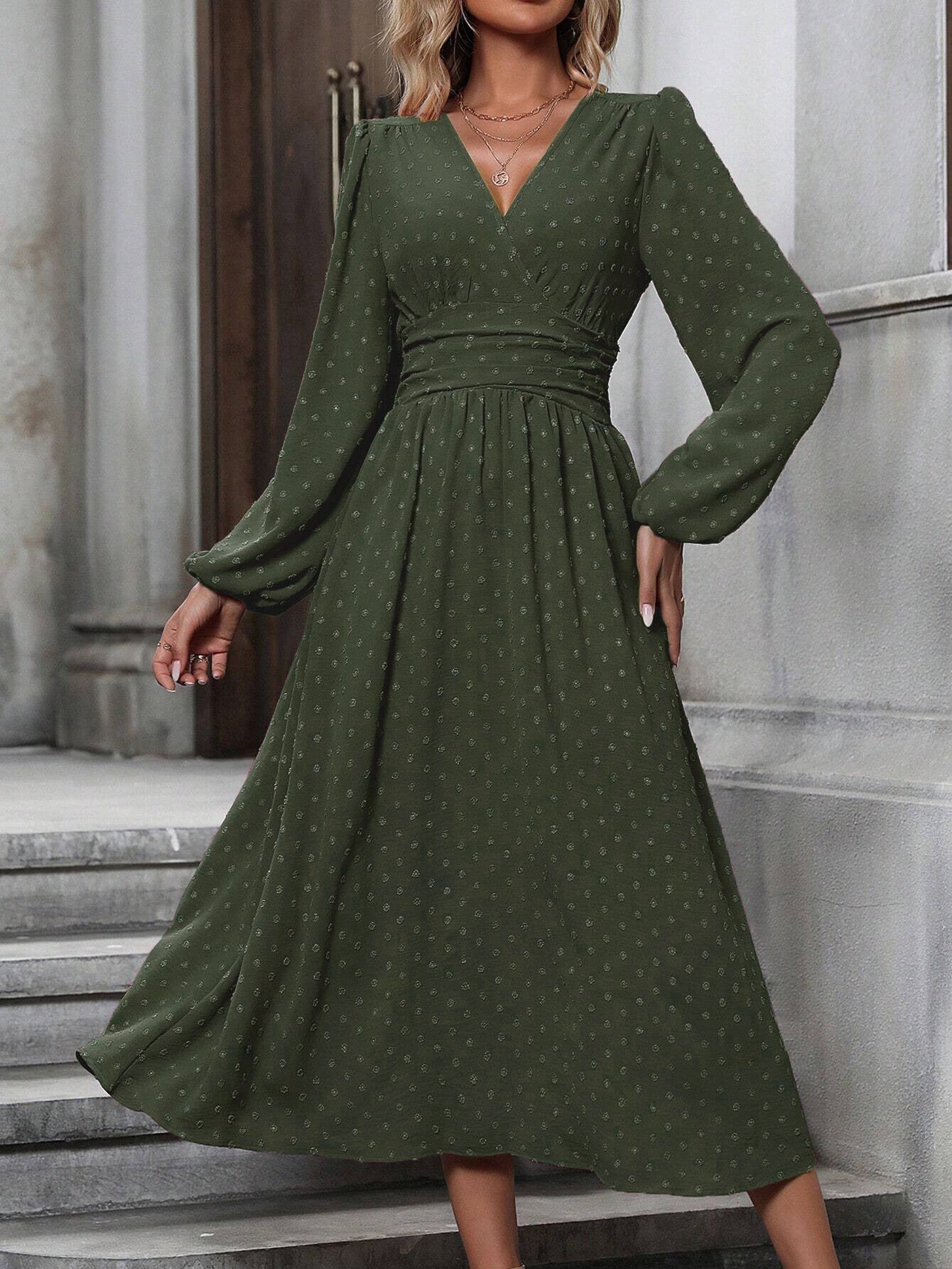 Vera - Diagonal Collar Lantern Sleeve Pleated Dress