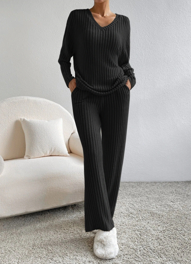 Elise - V-Neck Knit Top & Straight Leg Pants Set