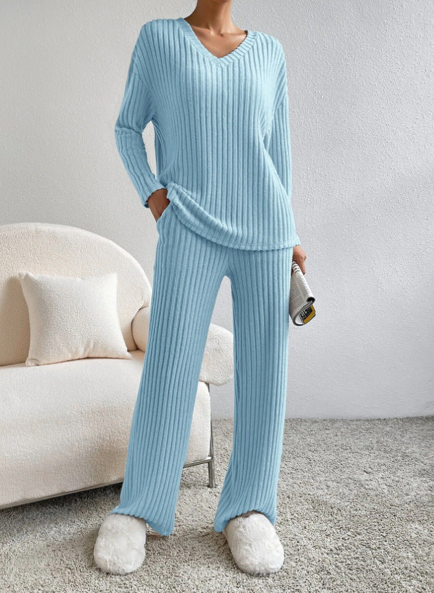 Elise - V-Neck Knit Top & Straight Leg Pants Set