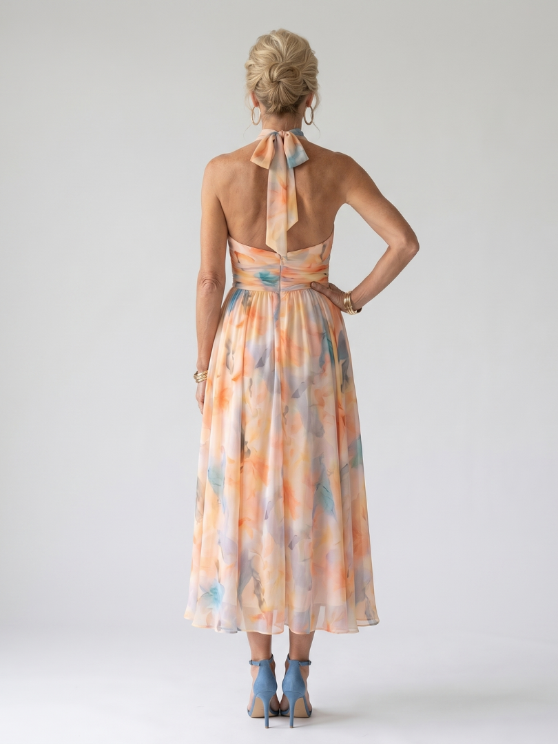 Elin - Gathered Bodice Halter Neck Midi Dress