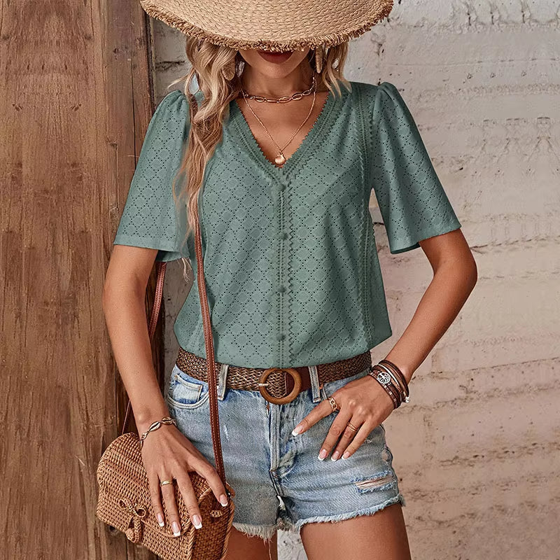 Van Meren Mode | KORTE MOUW BLOUSE MET V-HALS