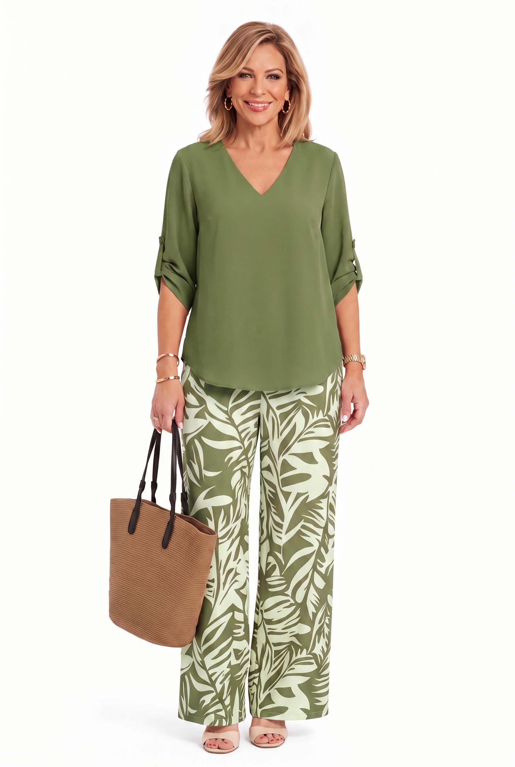 Leire - V-Neck Top & Wide-Leg Pants Two Piece Set