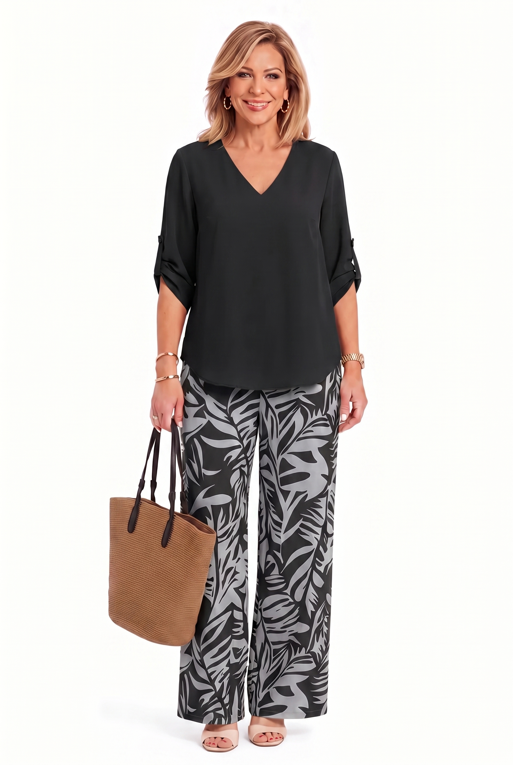Leire - V-Neck Top & Wide-Leg Pants Two Piece Set