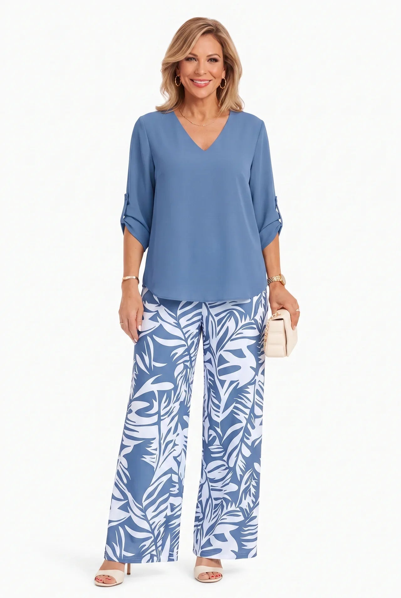 Leire - V-Neck Top & Wide-Leg Pants Two Piece Set
