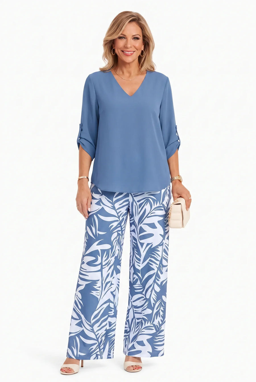 Leire - V-Neck Top & Wide-Leg Pants Two Piece Set