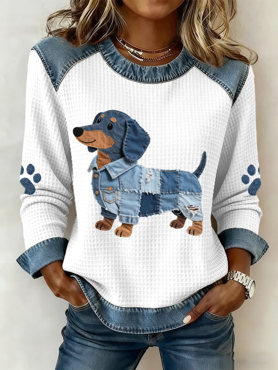 Van Meren Mode | Schattige teckel met patchwork denim